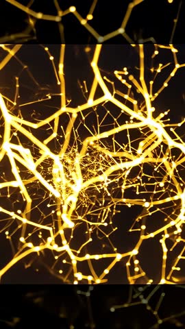 Diving through glowing golden filament network tunnel vertical motion loop bokeh sparks