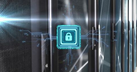 Futuristic Blue Padlock Icon Illuminating Secure Data Center