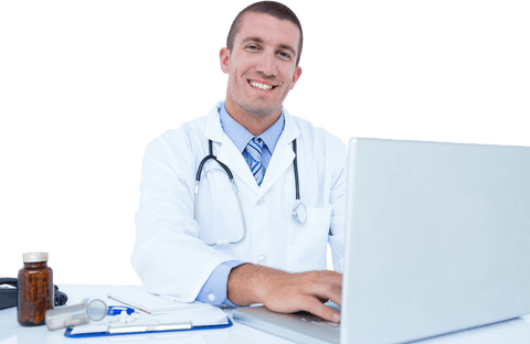 Transparent Smiling Doctor Typing on Laptop at Medical Desk