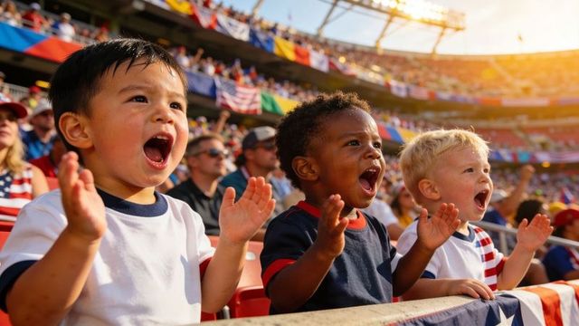 Cheering toddlers clapping in stadium front row during golden hour crowd celebration