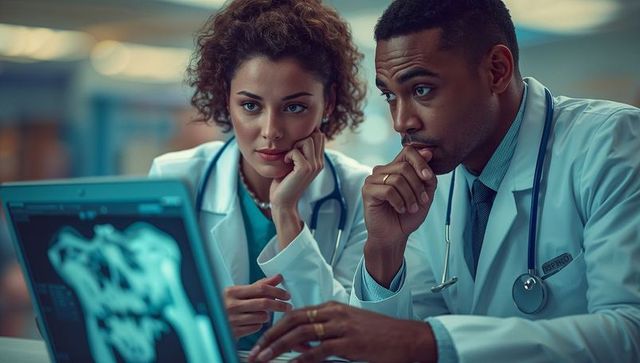 Doctors analyzing medical scan on monitor in imaging room