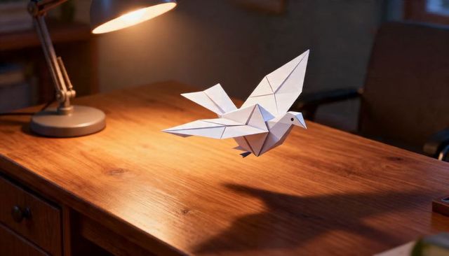 Origami dove floating above wooden desk under warm lamp glow