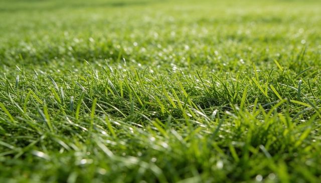 Shimmering morning lawn grass closeup showing dewy blades bending in warm sunlight macro