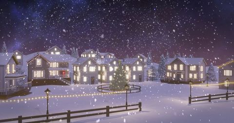 Snowy Village at Night with Decorated Christmas Tree and String Lights