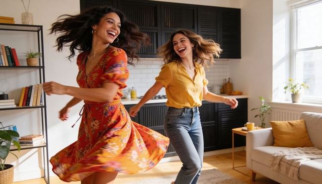 Friends twirling and laughing in sunlit modern living room with open kitchen
