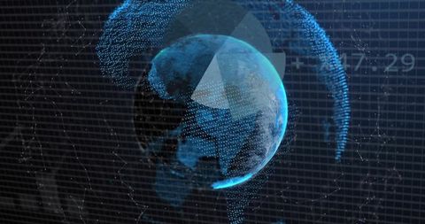 Futuristic Digital Earth Rotating with Data Points, HUD Overlays and Network Particle Arcs