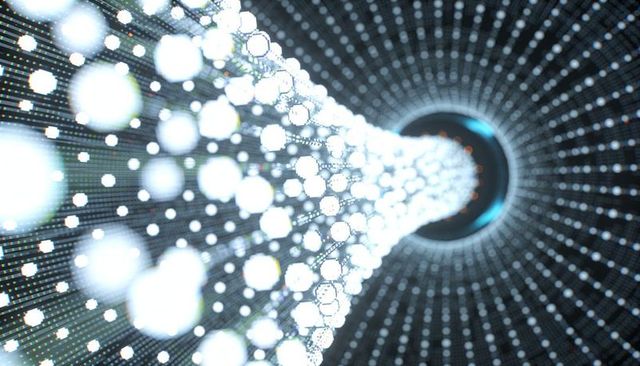 Spiraling neon helix curving through data tunnel with glowing nodes and digital motion