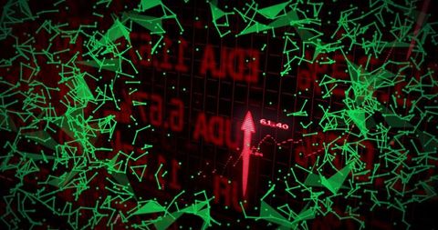 Red upward arrow with neon green network nodes visualizing data surge on grid dashboard