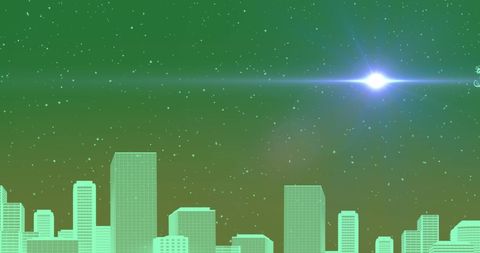 City skyline illumination under starry night sky with bright star