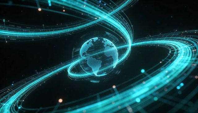 Rotating holographic globe with orbiting data rings and network nodes