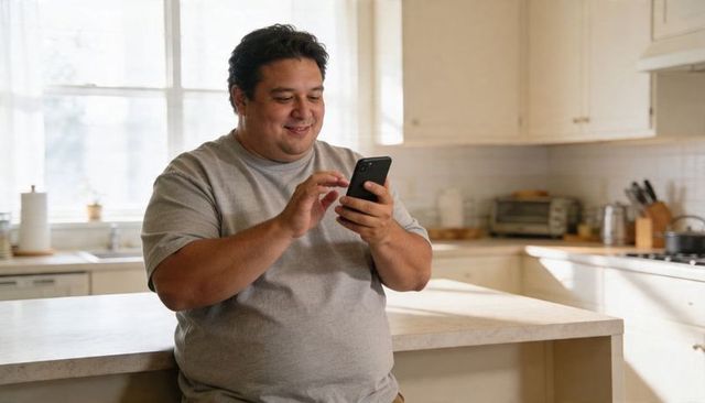 Smiling man tapping smartphone while leaning on kitchen island in bright modern kitchen