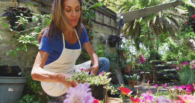 Happy caucasian woman wearing apron holding basket and collecting flowers in sunny garden. Nature, gardening and hobbies.