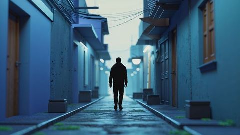 Solitary Dawn Walk Amid Quiet Urban Alleyway