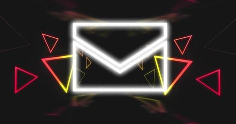 Neon envelope icon pulsing on black background with glowing red pink yellow triangles