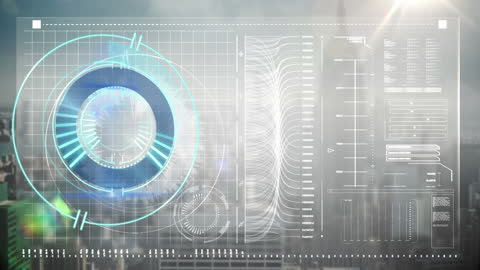 Futuristic Digital Interface with Neon Scanner Overlooking Cityscape