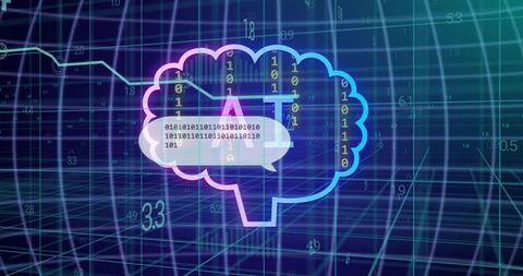 Neon ai brain icon floating over 3d grid streaming binary data and speech bubble