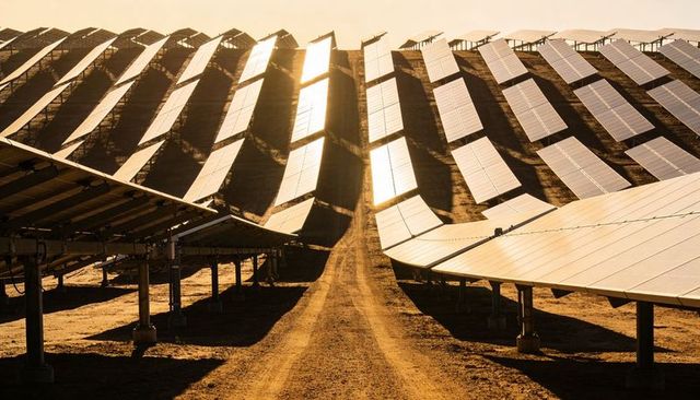 Golden Hour Solar Farm Rows Casting Geometric Shadows across Arid Terrain and Dirt Track