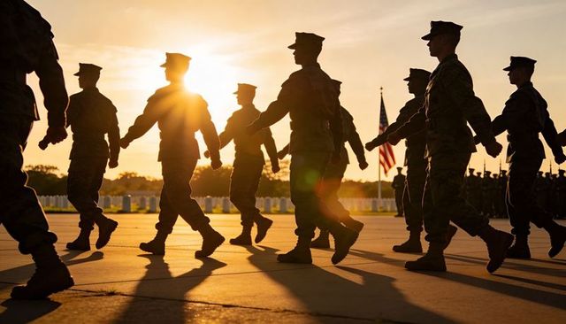 Soldiers marching at sunset past cemetery memorial with american flag silhouette