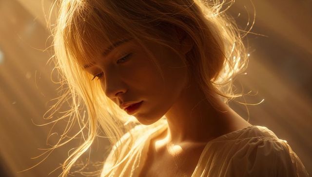 Gazing Woman Lowering Eyes Backlit by Golden Sunlight Warm Portrait with Serene Mood