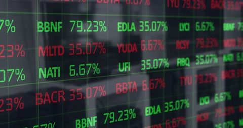 Stock market data on glowing display screens