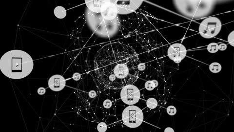 Digital Network with Media and Device Icons on Dark Background
