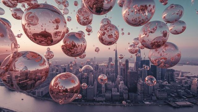 Floating Reflective Spheres Over Waterfront Skyline at Dusk