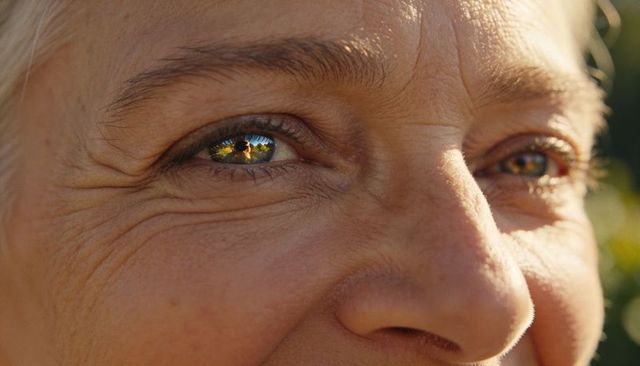 Sunlit closeup of senior woman's eyes reflecting photographer and trees, warm expressive portrait