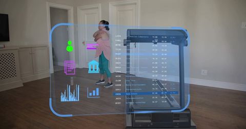 Asian woman standing beside treadmill wearing mask holographic fitness analytics overlay