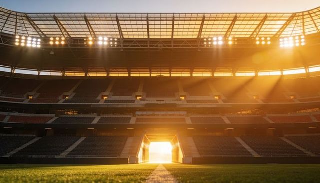 Golden sunlit player tunnel leading to pitch at sunrise in modern stadium