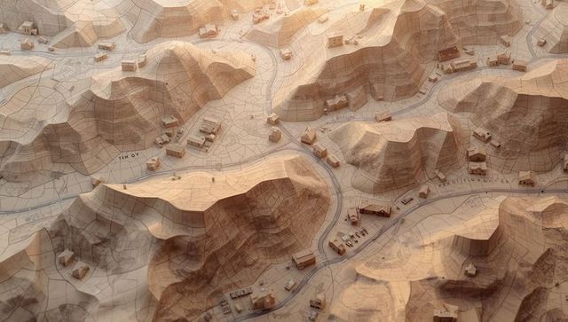 Handmade wooden topographic model showing layered mountain terrain, winding roads, cabins