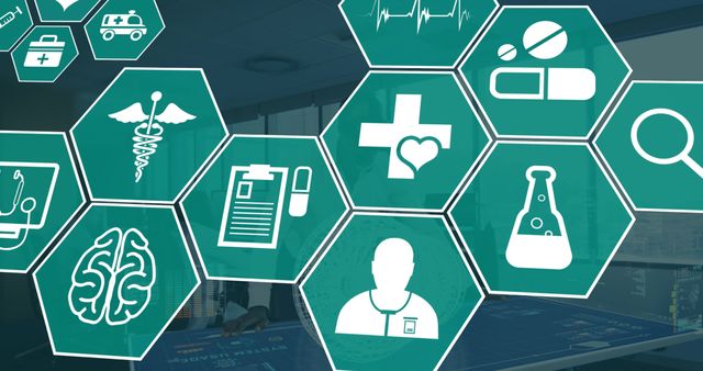 Illustration featuring various healthcare icons in a hexagonal grid. Icons include ambulance, medical caduceus, clipboard with pills, stethoscope, ECG, medicine bottle, cross with heart, and laboratory flask. Ideal for use in healthcare technology presentations, medical websites, and educational materials on modern medical systems.