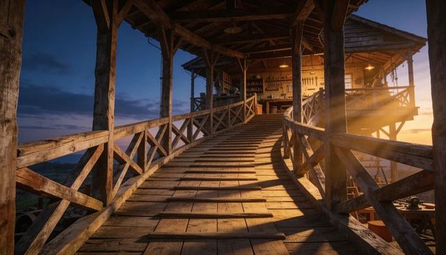 Sunlit worn wooden walkway leading to rustic timber workshop at sunset with tools