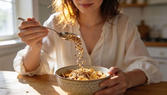 Sunlit woman pouring flax seeds into cereal bowl while holding ceramic bowl at breakfast