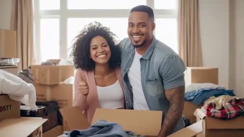 Happy Couple Unpacking in New Home Enjoying Move-In Moment
