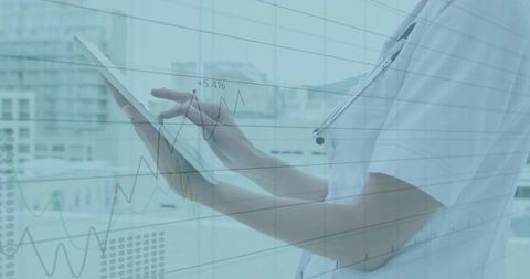 Doctor Tapping Tablet with Healthcare Analytics Overlay at Clinic Window Urban Skyline