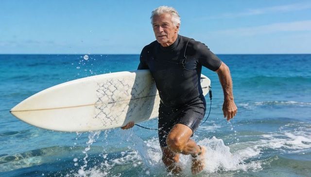 Active senior surfer sprinting from ocean carrying white surfboard in short wetsuit
