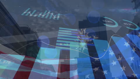 USA Flag Overlaid on Financial Graphs and Urban Skyline