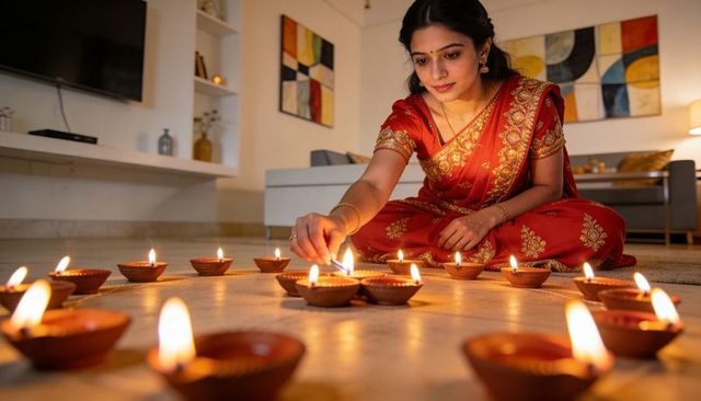 Indian woman lighting traditional clay diyas in red sari for diwali home celebration