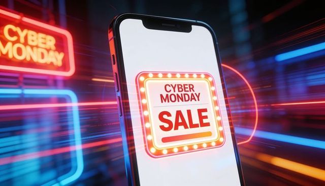Flashing cyber monday sale on smartphone marquee featuring neon lights and motion trails