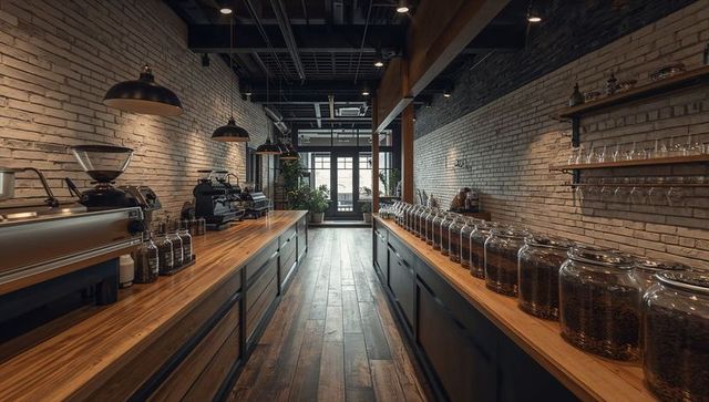 Industrial style cafe interior with coffee bean display and brewing station
