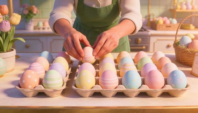 Hands arranging pastel easter eggs in cardboard trays on cozy kitchen counter with tulips