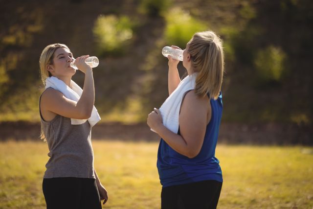 Friends drinking water after workout during obstacle course in boot camp