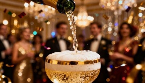 Pouring champagne into gold-rim coupe glass at glamorous ballroom gala celebration