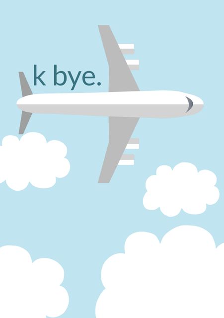 Airplane flying with a 'k bye' message, over blue sky with fluffy clouds, useful for travel blogs, farewell cards, humorous content.