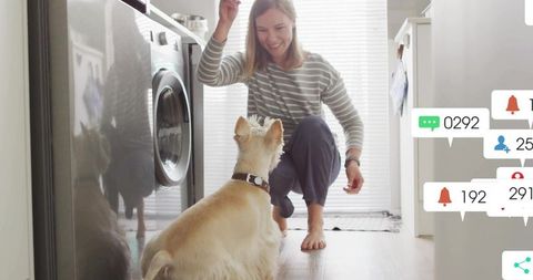 Woman Training Dog in Cozy Modern Laundry Room with Notifications