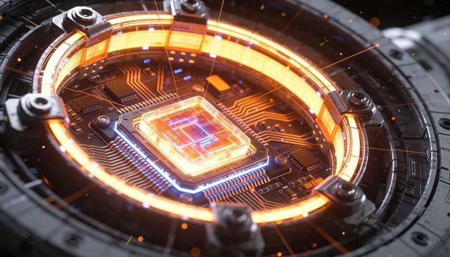 Pulsing ai processor core with neon orange halo and precision circuitry for high-tech design