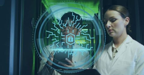 Technicians Analyzing Cybersecurity Solutions in Data Center