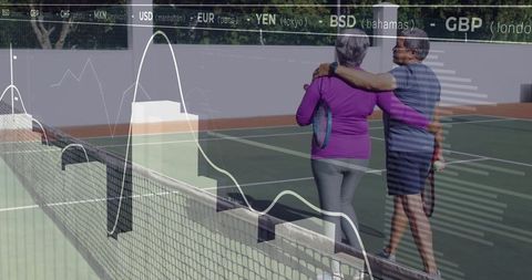 Seniors Embracing After Tennis Match With Financial Chart Overlay