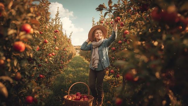 Woman picking apples in golden hour orchard wearing straw hat, denim jacket, wicker basket