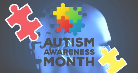 concept of autism awareness with a blue head composed of puzzle pieces symbolizing autism and learning difficulties. image features text that highlights autism awareness month, surrounded by vibrant puzzle pieces. suitable for use in awareness campaigns, educational materials, or social media content promoting autism understanding and support.
